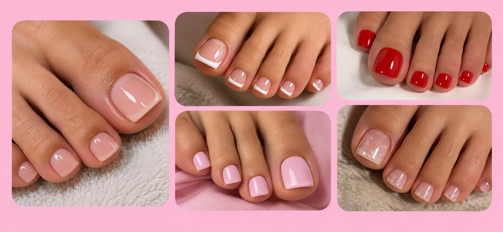 Cinco estilos de acripie: natural, francés, rojo, rosa y con brillos, en uñas de los pies