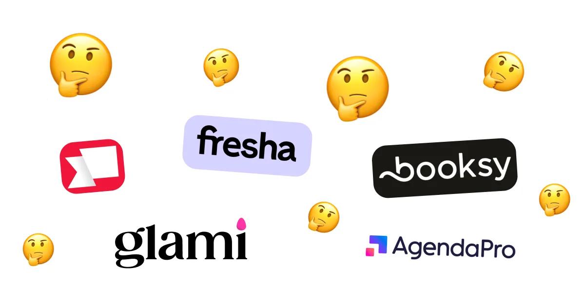 Logos de Glami, Fresha, Booksy, AgendaPro y Reservio rodeados de caritas pensativas
