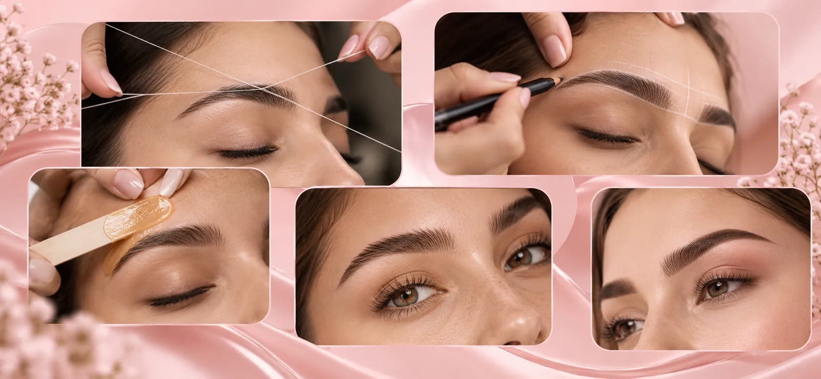 Cinco servicios de cejas: depilación con hilo, diseño marcado con lápiz, depilación con cera y cejas laminadas, sobre un fondo rosa