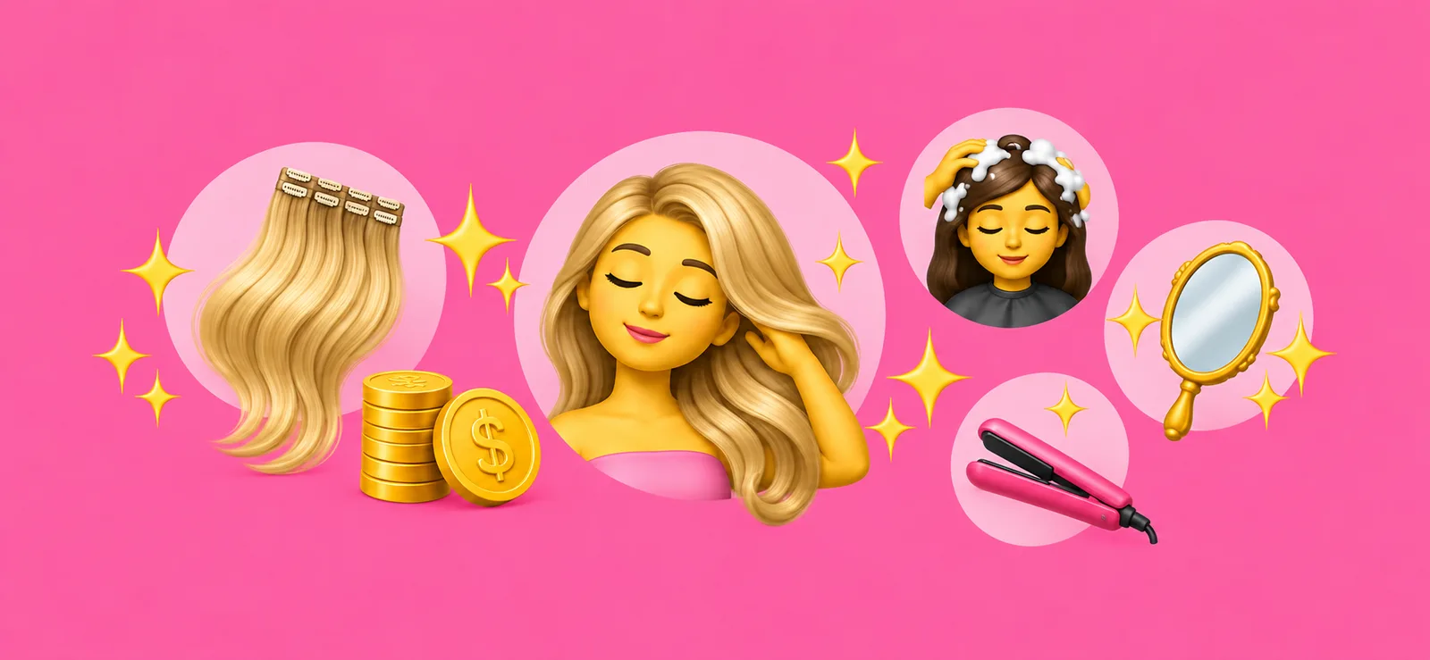 Mujer con cabello largo y rubio rodeada de extensiones de clip, monedas, una plancha y un espejo