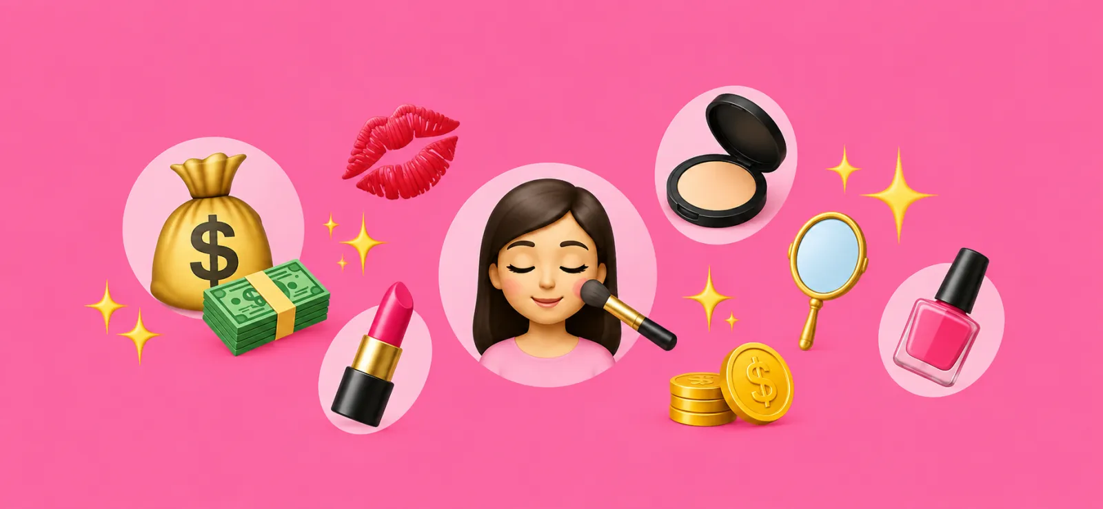 Ilustración de una mujer maquillándose rodeada de labial, polvo, espejo, billetes y monedas
