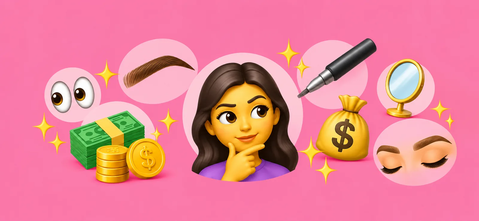 Mujer pensativa rodeada de cejas, un dermógrafo, billetes, monedas, una bolsa de dinero y un espejo