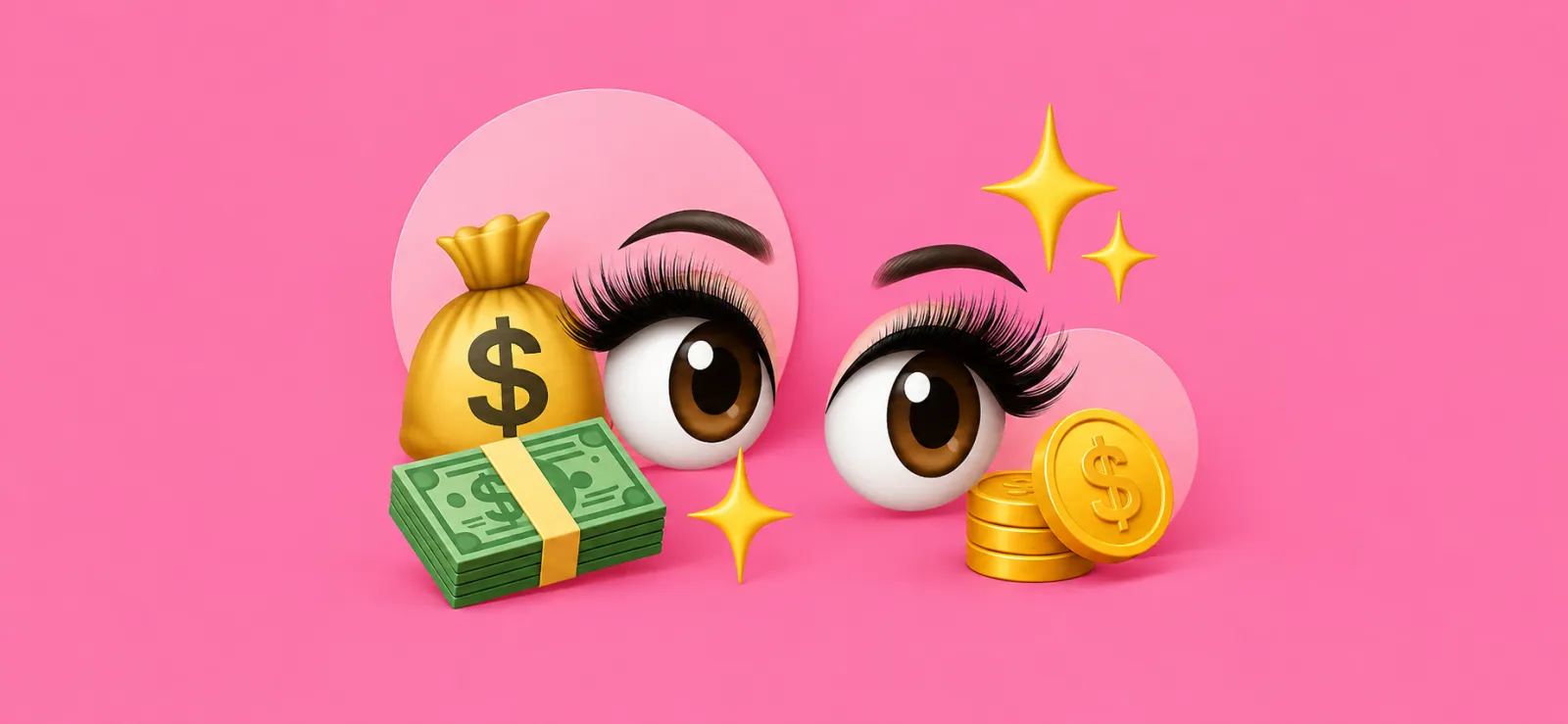 Ojos con pestañas largas junto a billetes, monedas y una bolsa de dinero