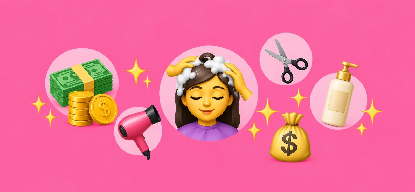 Mujer con el cabello lleno de espuma, rodeada de billetes, monedas, una secadora, tijeras y un frasco de tratamiento