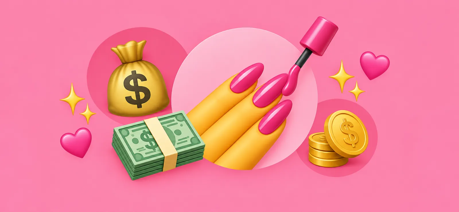 Uñas pintadas de rosa junto a billetes, monedas y una bolsa de dinero