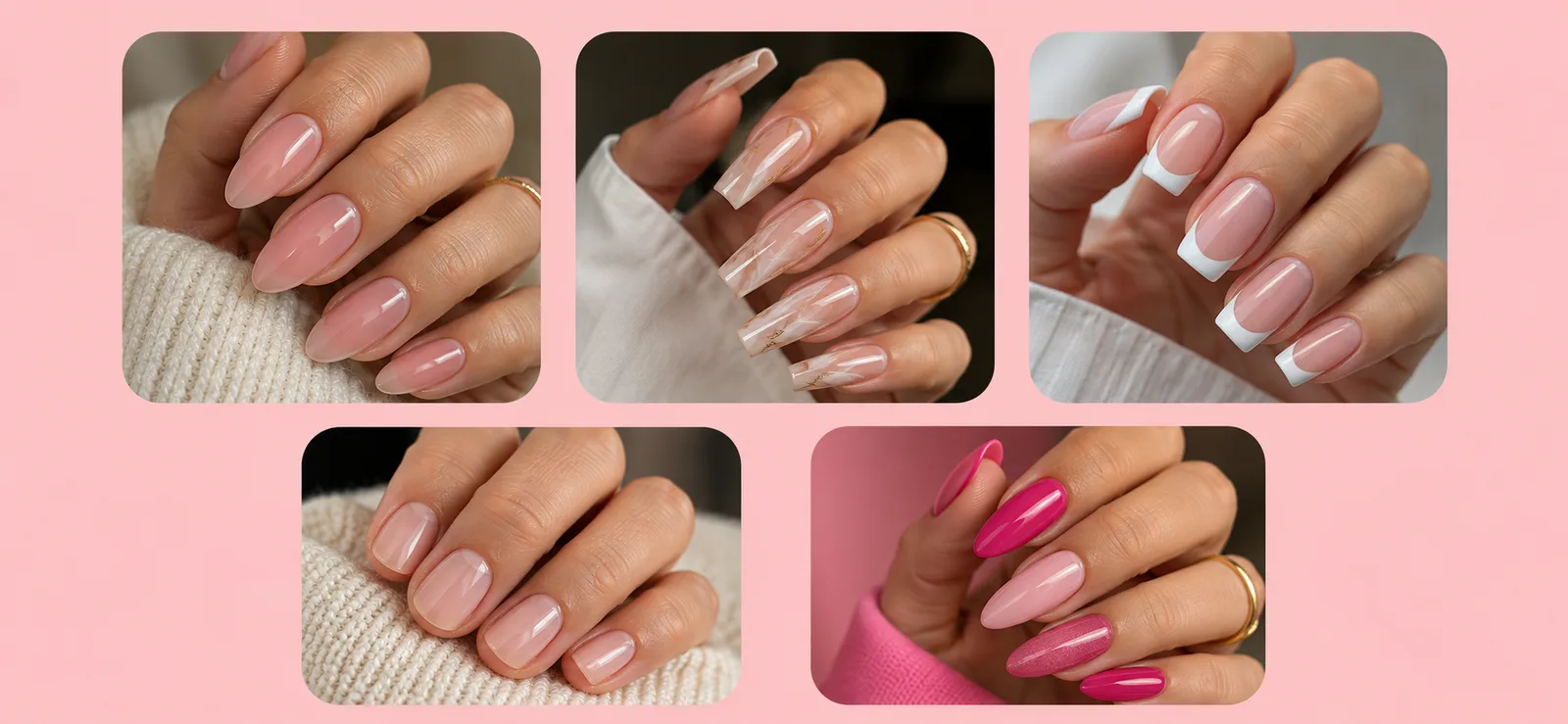 Cinco manos con uñas almendradas nude, acrílicas largas con mármol, francés, cortas naturales y rosa fucsia