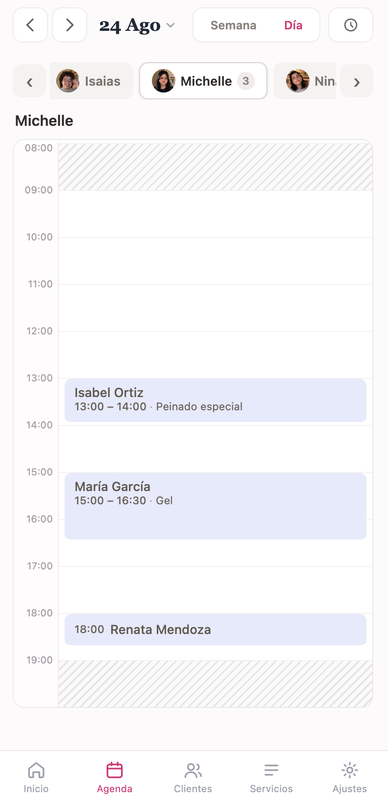 Agenda del día en Glami, con cada profesional y sus citas